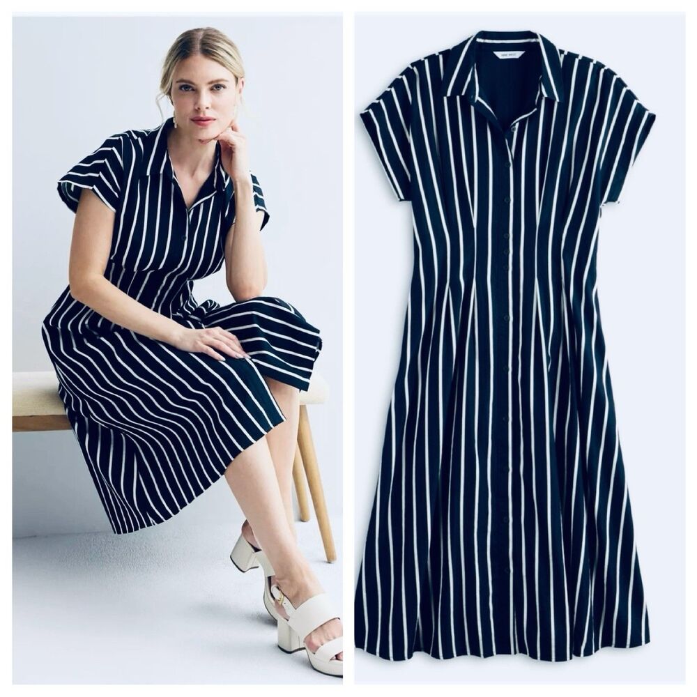 Nine West Cinched Waist Midi Shirt Dress Navy Blue white Vertical Strips Size XL